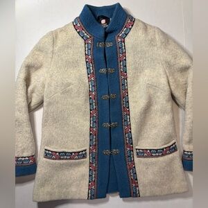 Vintage Fjord Fashion Women's‎ Wool Jacket Cream Teal SZ 42/L Hook/eye closure